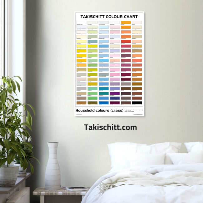 Takischitt Colour Chart poster mock up 02 Takischitt Colour Chart Poster - Classic poster design, humourous parody colour swatches poster mock up on bedroom wall with white bedding and plant