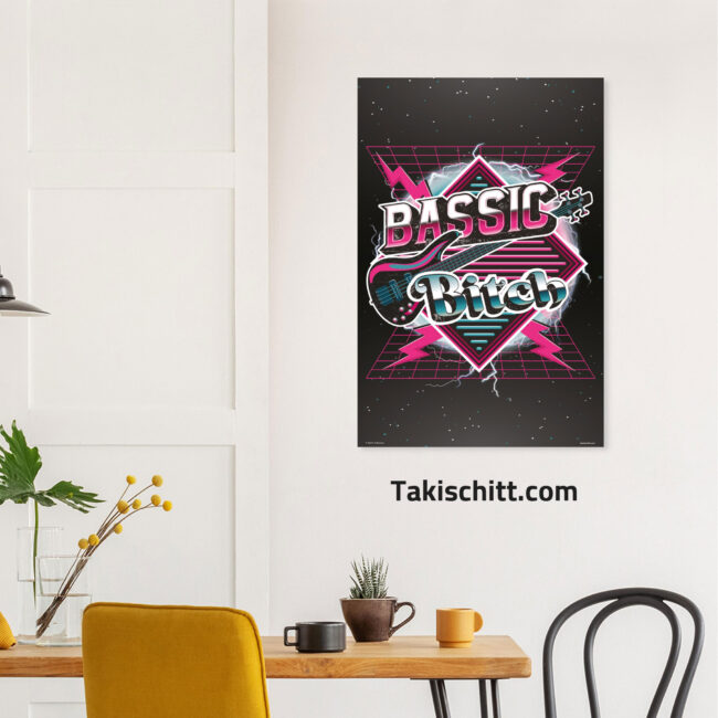 Bassic Bitch poster being displayed on a wall above a kitchen table, next to a door Bassic Bitch poster being displayed on a wall above a kitchen table, next to a door