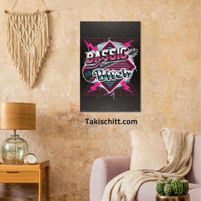 Bassic Bitch poster being displayed on a beige wall in a front room above a couch, next to a table and lamp and marcrame wall hanging Bassic Bitch poster being displayed on a beige wall in a front room above a couch, next to a table and lamp and marcrame wall hanging