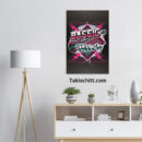 Bassic Bitch poster being displayed on a light grey wall above a sideboard, next to a white and wood lamp