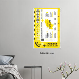 Rave Air poster mock up 04 Rave Air Poster - Yellow design, humourous paraody airline ticket stub poster mock up on bedroom wall with grey decor