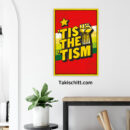 Tis The Tism poster being displayed on a white wall above a console table, next to a plant