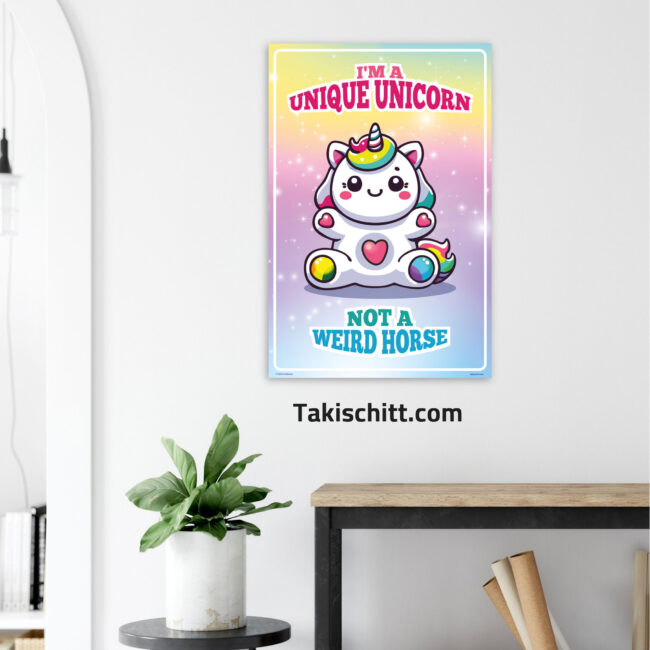 Unique Unicorn poster being displayed on a white wall above a console table, next to a plant Unique Unicorn poster being displayed on a white wall above a console table, next to a plant