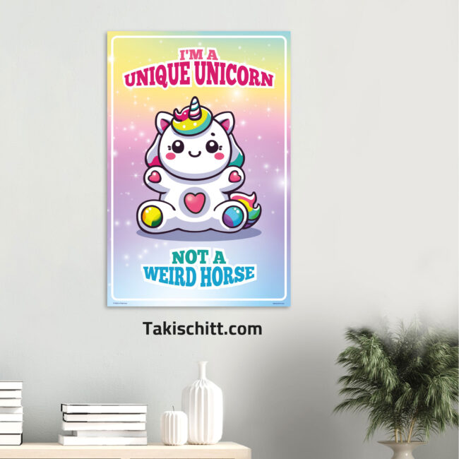 Unique Unicorn poster being displayed on a light grey wall above a shelf, next to a plant Unique Unicorn poster being displayed on a light grey wall above a shelf, next to a plant