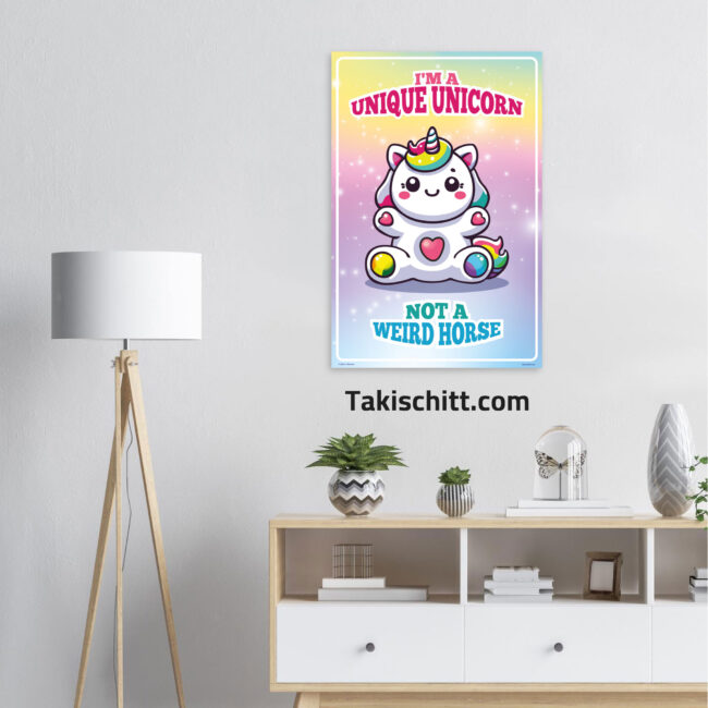 Unique Unicorn poster being displayed on a light grey wall above a sideboard, next to a white and wood lamp Unique Unicorn poster being displayed on a light grey wall above a sideboard, next to a white and wood lamp