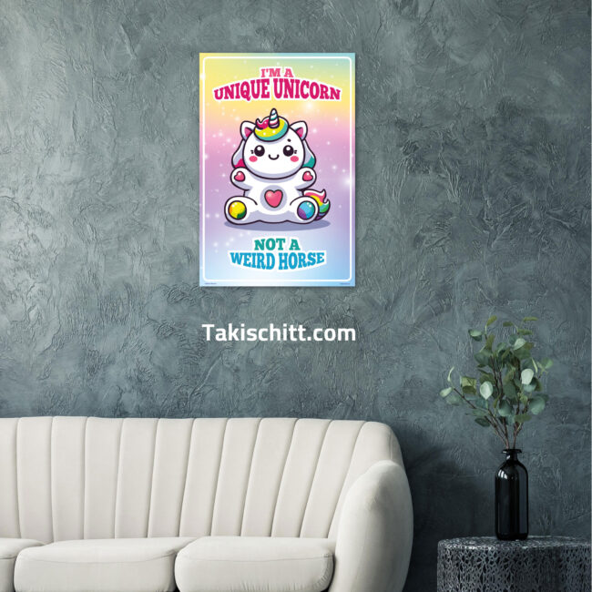 Unique Unicorn poster being displayed on a dark green wall in a front room above a couch, next to a table Unique Unicorn poster being displayed on a dark green wall in a front room above a couch, next to a table