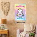 Unique Unicorn poster being displayed on a beige wall in a front room above a couch, next to a table and lamp and marcrame wall hanging