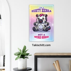 Zesty Zebra poster being displayed on a white wall above a console table, next to a plant Zesty Zebra poster being displayed on a white wall above a console table, next to a plant